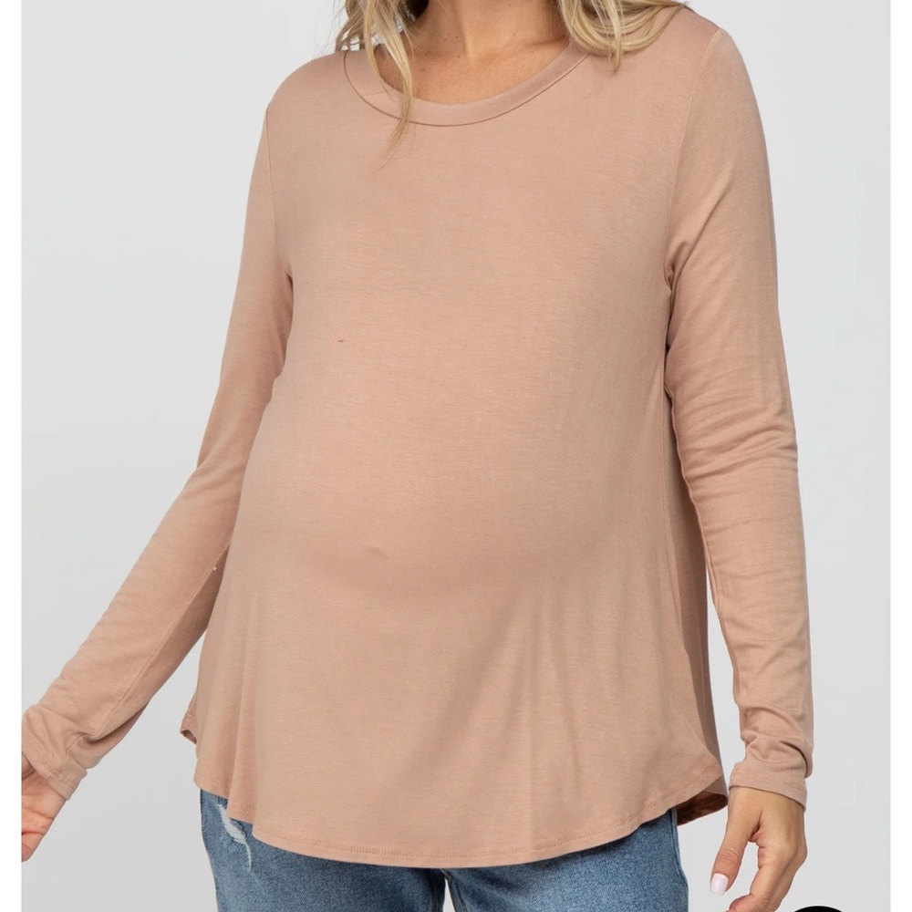 Light Mocha Solid Long Sleeve Maternity Top - Small